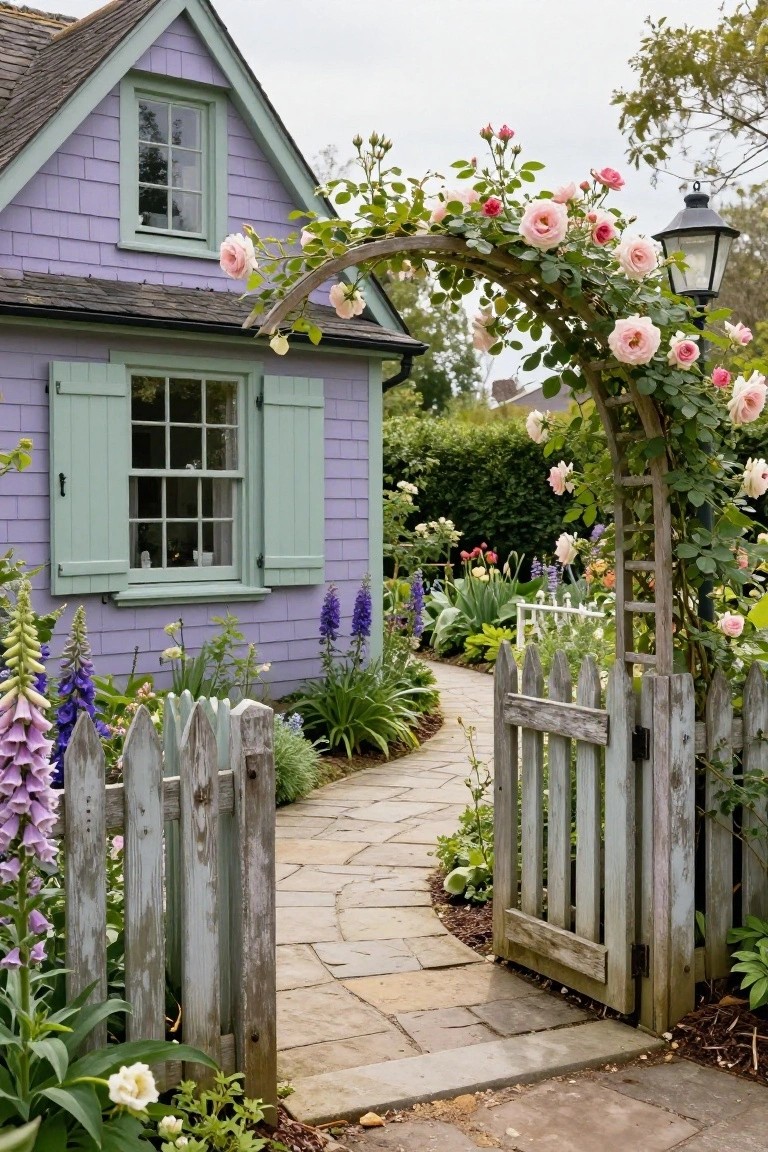 Lavender shingle house exterior with green shutters on windows, stone walkway leading to open white picket gate under rose-covered wooden arch, surrounded by flower beds and delphiniums.