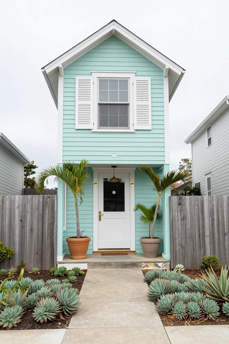 A narrow two-story light teal clapboard house with white shutters on the windows, white door at the entrance, potted palm trees flanking the steps, wooden fences on both sides, and agave plants lining a concrete pathway.