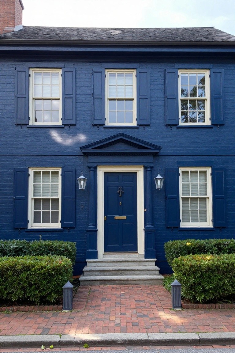A three-story navy blue painted brick house with white shutters on multipane windows, a pedimented entry porch with dark blue front door, brass knocker, lanterns, stone steps, brick walkway, and boxwood shrubs.