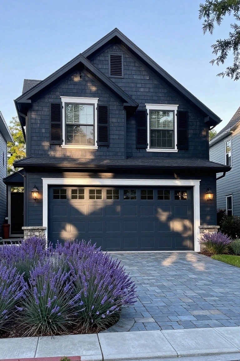 Front view of a two-story house with dark navy blue shake siding, white trim around windows with louvered shutters, matching navy garage door, stone accents, lavender plants, and a blue paver driveway.