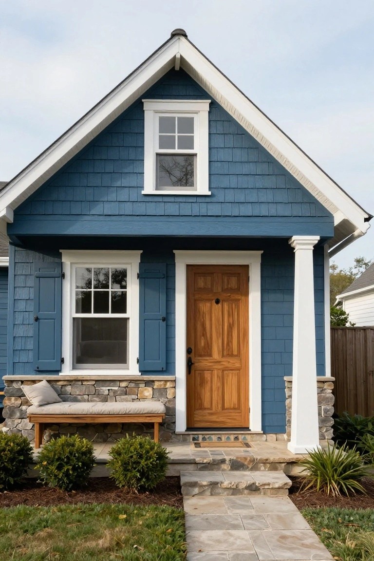 Navy blue shingle-sided cottage exterior with white trim, window shutters, wooden front door, columned porch, bench, stone steps, and front landscaping.