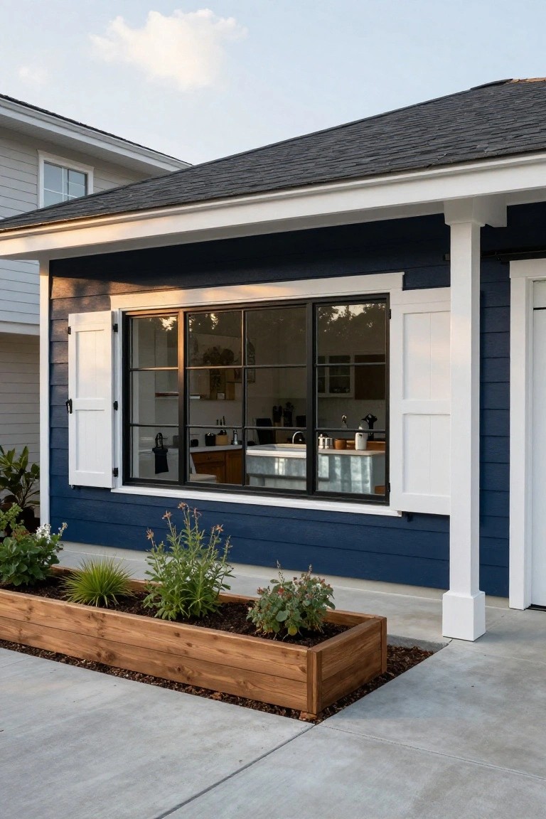 Exterior view of a navy blue house with white board-and-batten shutters open on a large black-framed window showing a kitchen inside, wooden planter box with plants along the base, concrete driveway, and neighboring light gray house nearby.