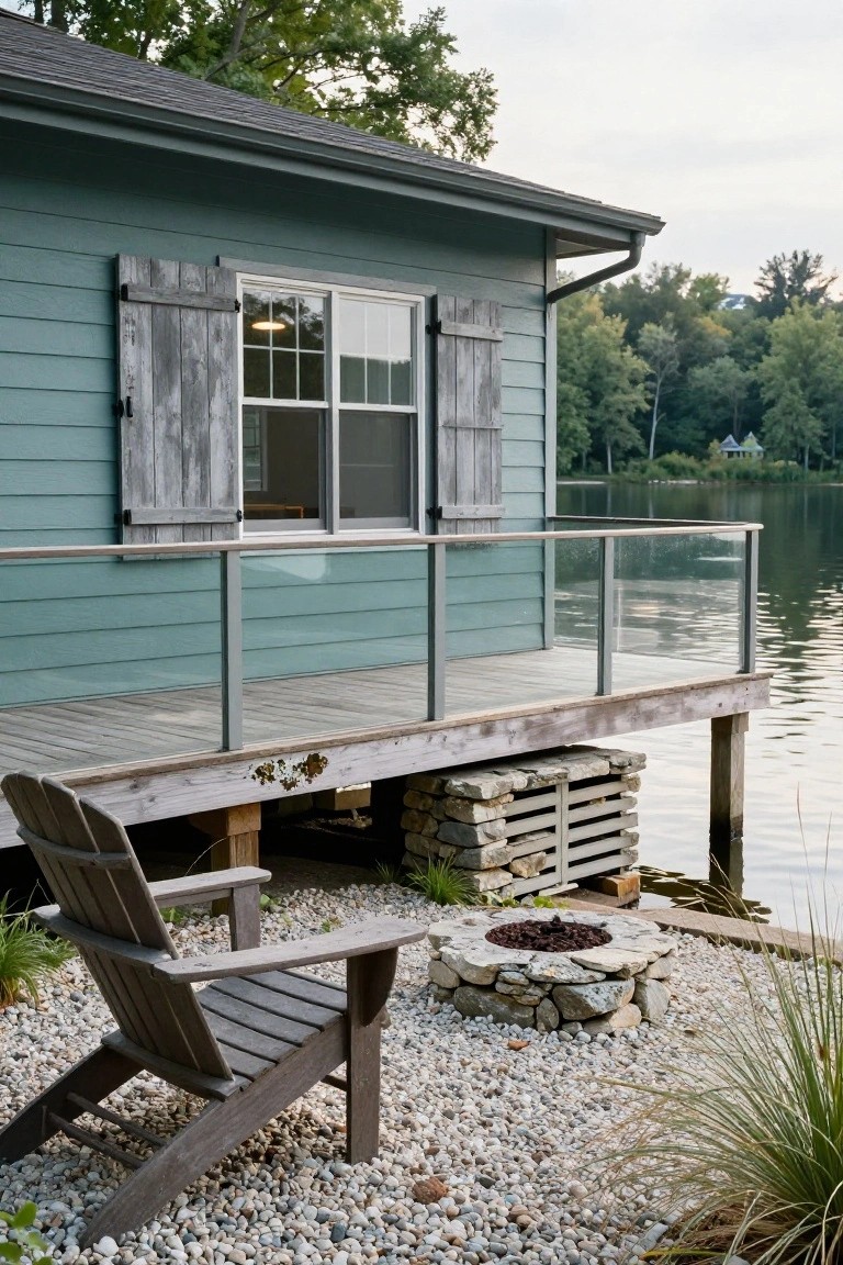 Teal blue clapboard house exterior with weathered board-and-batten wooden shutters flanking a lit double-hung window, on a elevated wooden deck over a lake, with a stone fire pit, Adirondack chair, and gravel groundcover nearby.