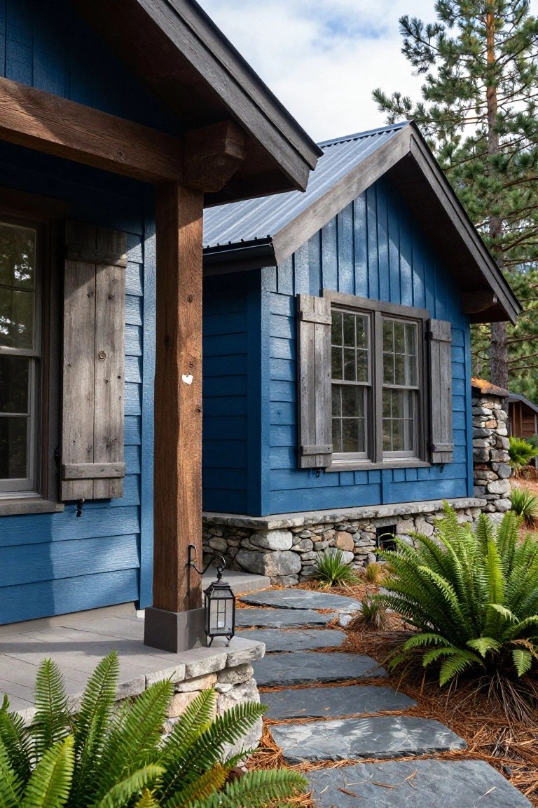 Side view of a deep blue board-and-batten house exterior with dark weathered wooden shutters on double windows, a timber porch column supporting the roof overhang, black metal lantern, stone foundation, slate stepping stone path, ferns and agave plants, and pine trees in the background.