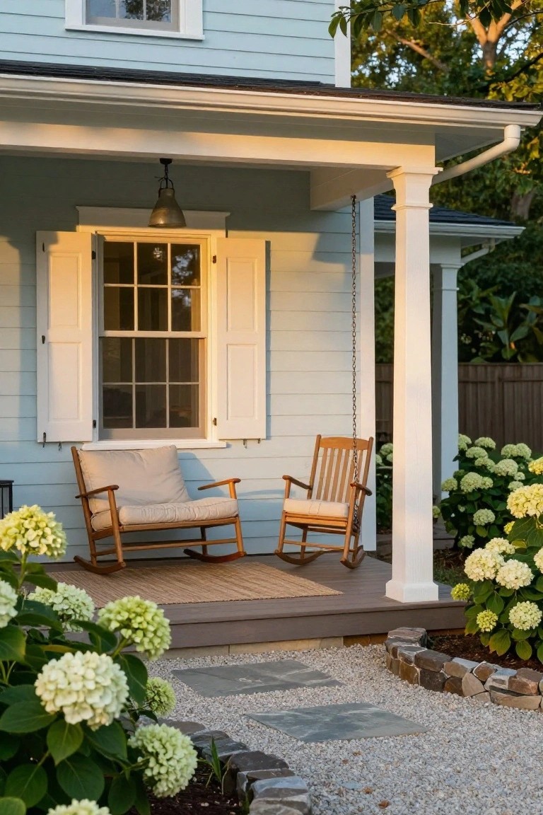 Light blue house exterior with white shutters open on a six-pane window beside the front door, wooden rocking chairs on the porch, potted plant nearby, flanked by white hydrangea bushes, stone edging, gravel path, and wooden swing chair hanging from porch beam.