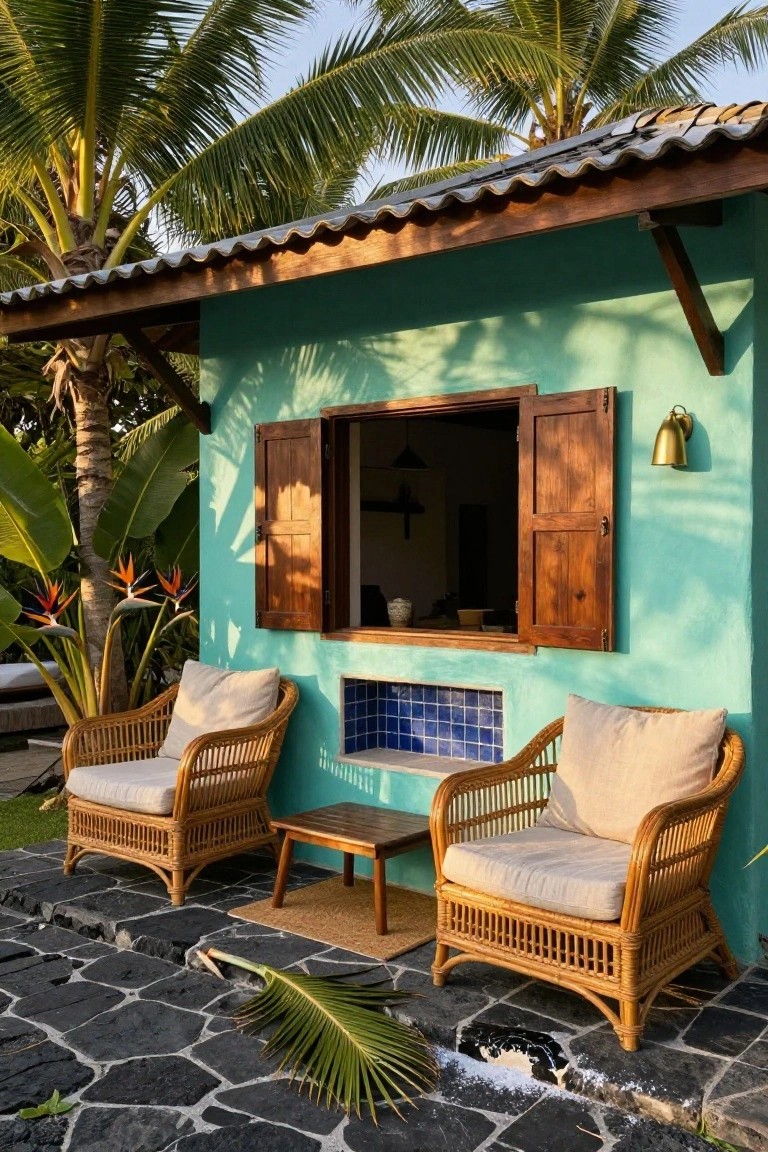 Turquoise painted wall of a small bungalow with open wooden shutters on a window, rattan armchairs and a low table on a stone patio, surrounded by palm trees and tropical plants.