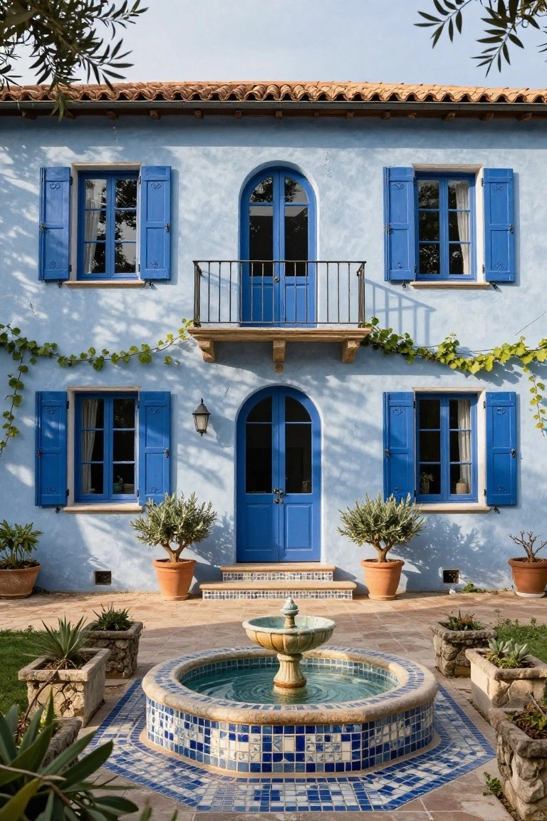 Light blue stucco house exterior with matching blue shutters on windows and doors, arched blue entry, upper balcony, central tiled fountain courtyard, and potted plants.