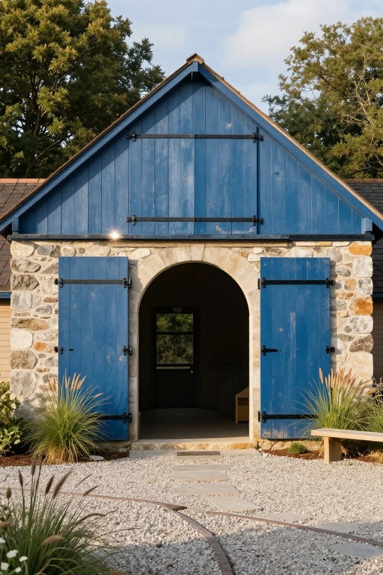 Blue wooden double doors with shutters open on a stone-arched entryway of a small outbuilding with wood siding above stone base, gravel ground, and ornamental grasses nearby.