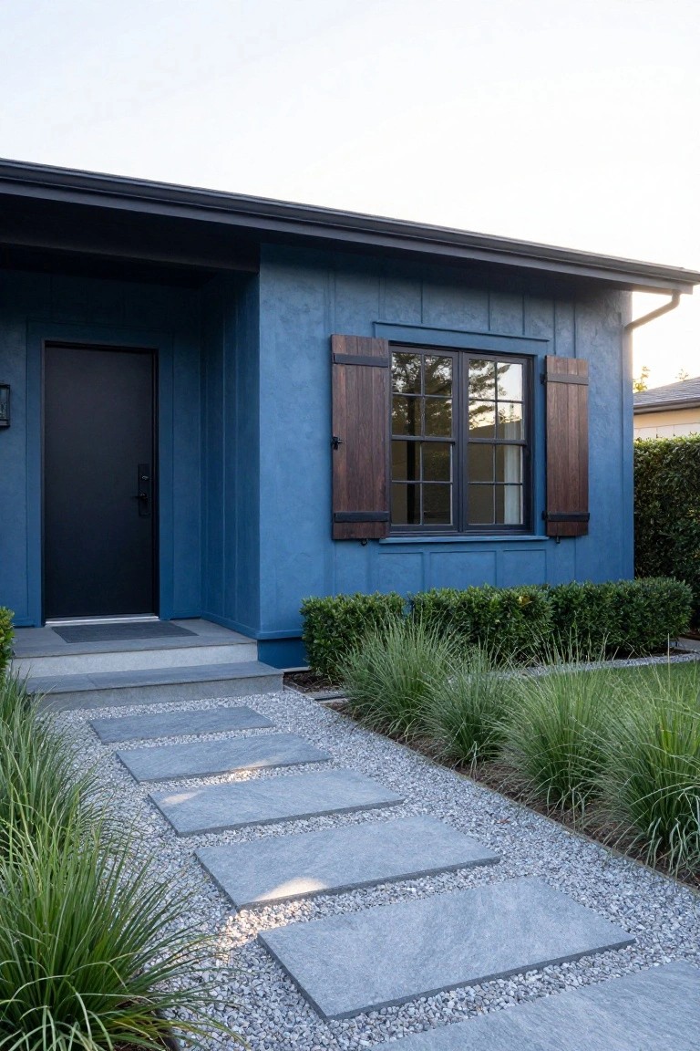 Front exterior of a blue plank-style house with dark wood shutters on a window beside the black front door, concrete entry steps, flagstone path with pebble borders, and low grasses plus shrubs along the sides.