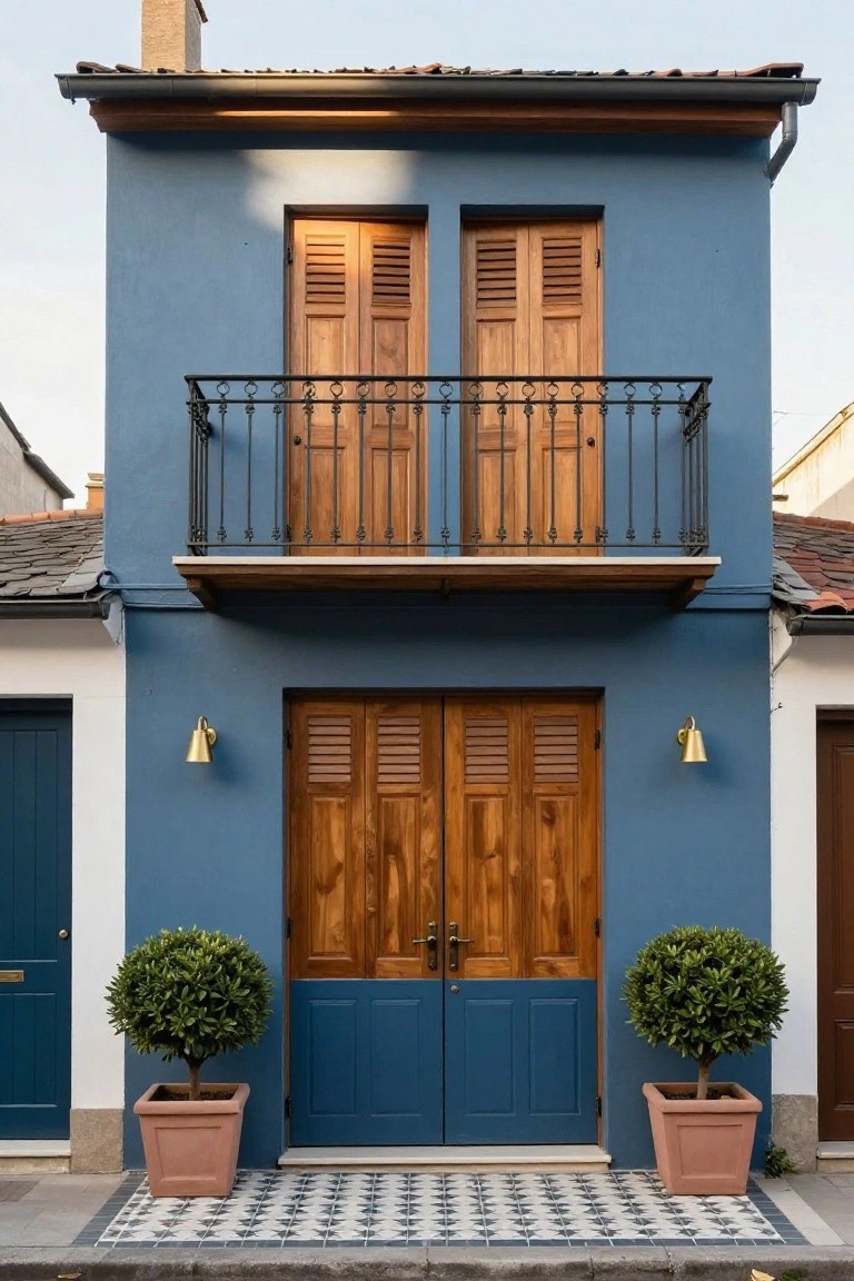 Two-story cobalt blue stucco house with wooden louvered shutters on upper windows and balcony, double wooden entry doors, wrought-iron balcony railing, gold wall sconces, potted topiary plants flanking the entry, black-and-white tiled porch, and neighboring white and brown houses.