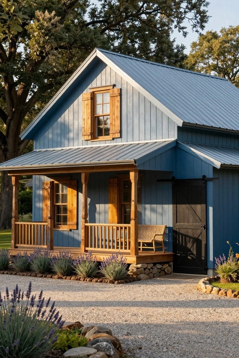 Blue board-and-batten house with metal roof, wood shutters on windows, covered porch with wooden posts and railing, wicker chair, black sliding barn door, and gravel driveway edged with lavender plants and rocks.