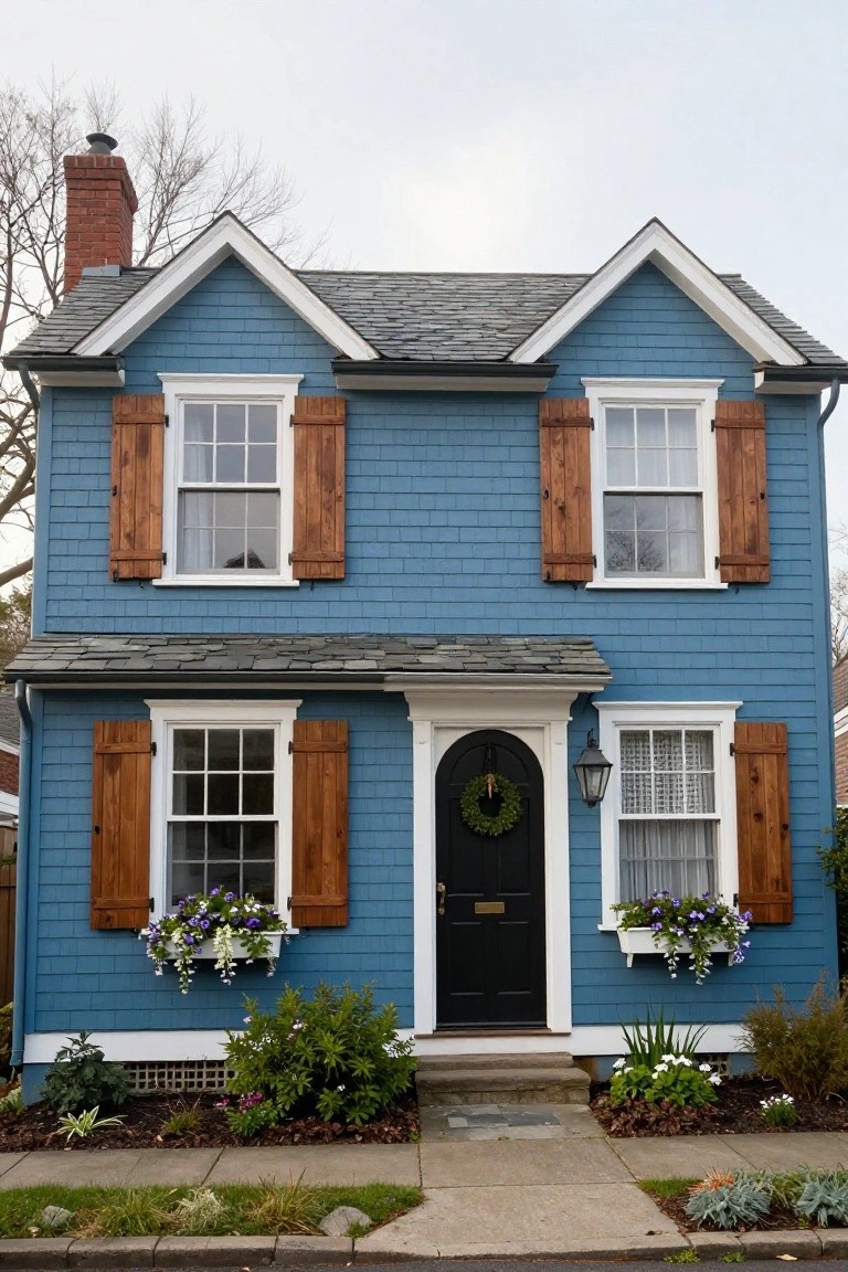 Two-story blue clapboard house with gabled roof, white trim, wood shutters on multipane windows, black front door with evergreen wreath, flower boxes with purple blooms, and low shrubs along the front walkway.