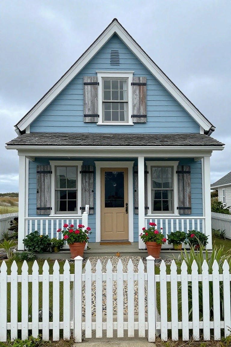 Light blue clapboard house with gabled roof, weathered wood shutters on windows, white-trimmed porch with beige door, potted red flowers, and white picket fence in front.