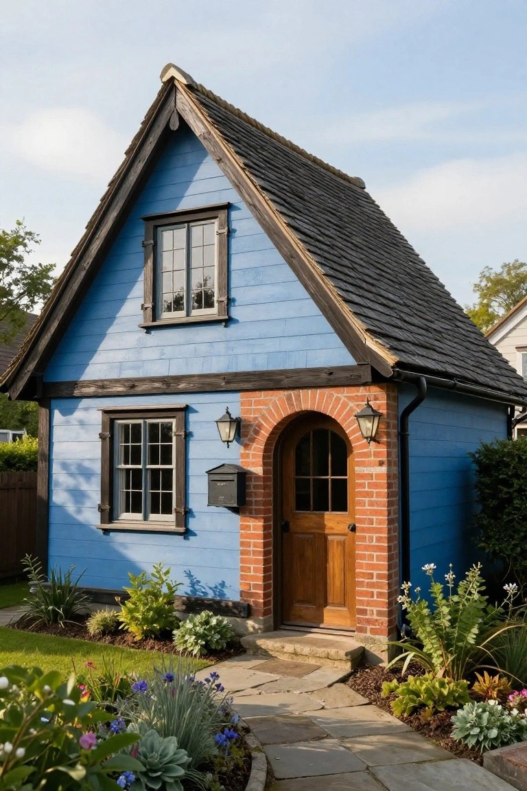 A small blue clapboard house with dark wood timbers, framed windows, wood shutters, a brick-arched entry door, and surrounding garden plantings on a stone path.