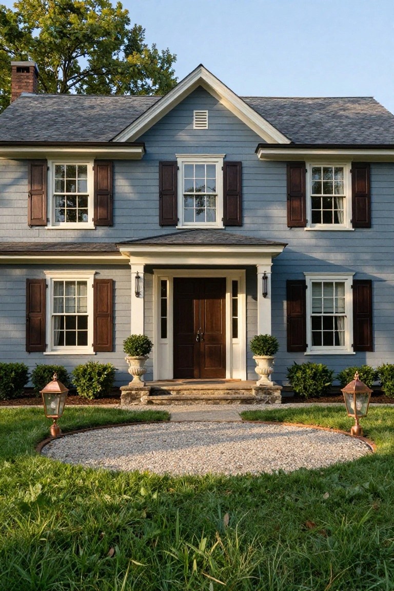 Two-story light blue clapboard house with dark wood shutters on multi-pane windows, white trim, covered entry with dark wood door and sidelights, copper lanterns, urns holding trimmed boxwoods, gravel entry path edged in grass under trees.