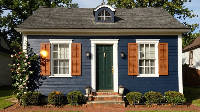 Two-story navy blue clapboard house with black wood shutters, white trim, green front door, stone entry steps, brick sidewalk, and low plantings.