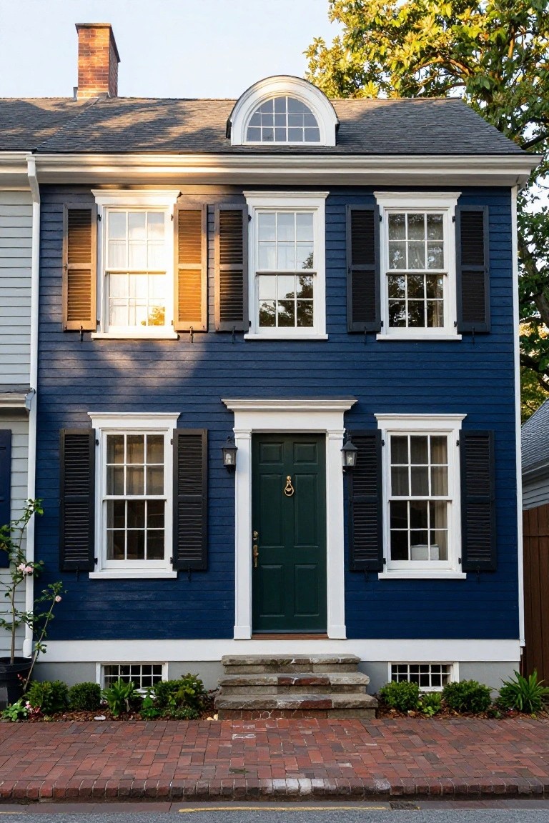 Two-story navy blue clapboard house with black wood shutters, white trim, green front door, stone entry steps, brick sidewalk, and low plantings.