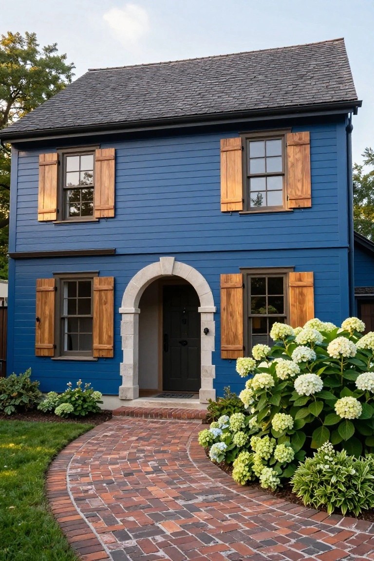 Two-story navy blue clapboard house with wooden shutters on the windows, stone arched entryway with black door, curved red brick pathway, large white hydrangea bushes, and green lawn.