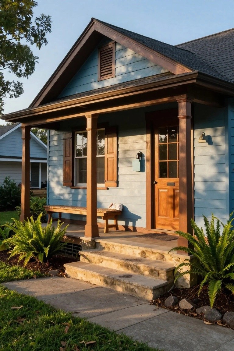 Light blue house with dark wood shutters on side windows, covered front porch supported by wooden columns, wooden front door with glass panels, bench on porch, stone steps leading to porch, potted ferns on either side, green lawn and path in front, another house visible nearby.