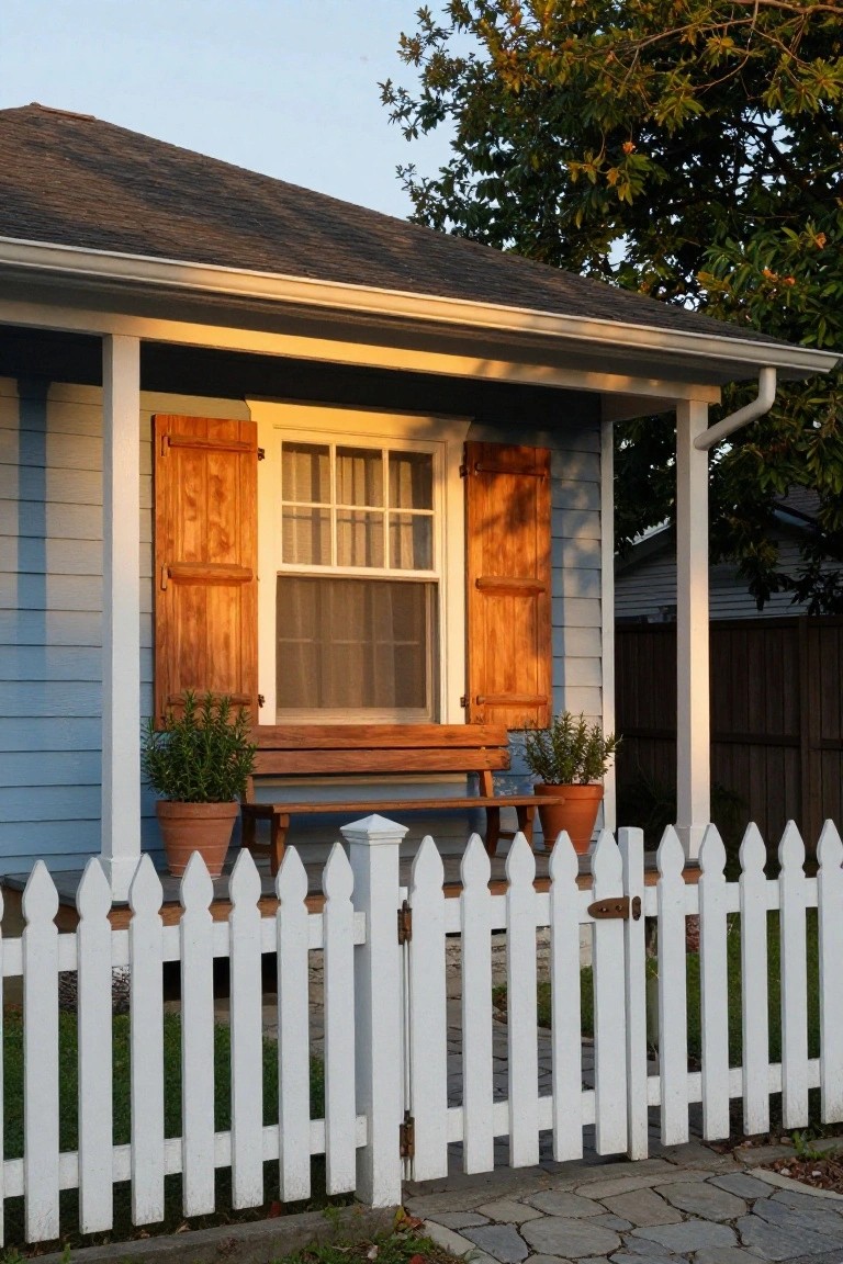 Light blue house exterior with wooden shutters on a front window, wooden porch bench, potted plants, white picket fence, and tree in background at sunset.