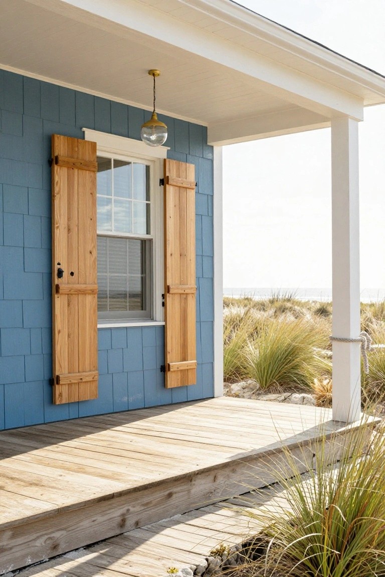 Blue clapboard house exterior with open wooden shutters flanking a double-hung window, white trim, porch with hanging lantern, wooden deck, and beach grass nearby.