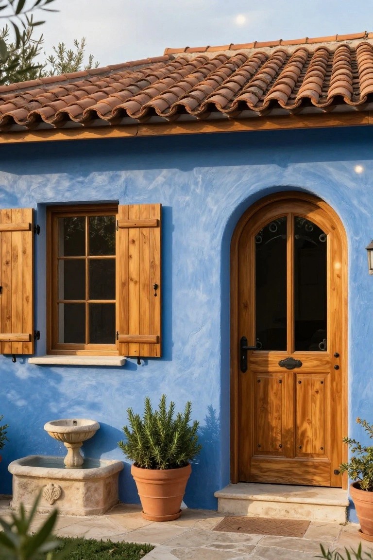 Blue stucco house exterior with open wooden shutters on a window, arched wooden front door with glass panels, potted rosemary plants, and a stone fountain on a stone path.