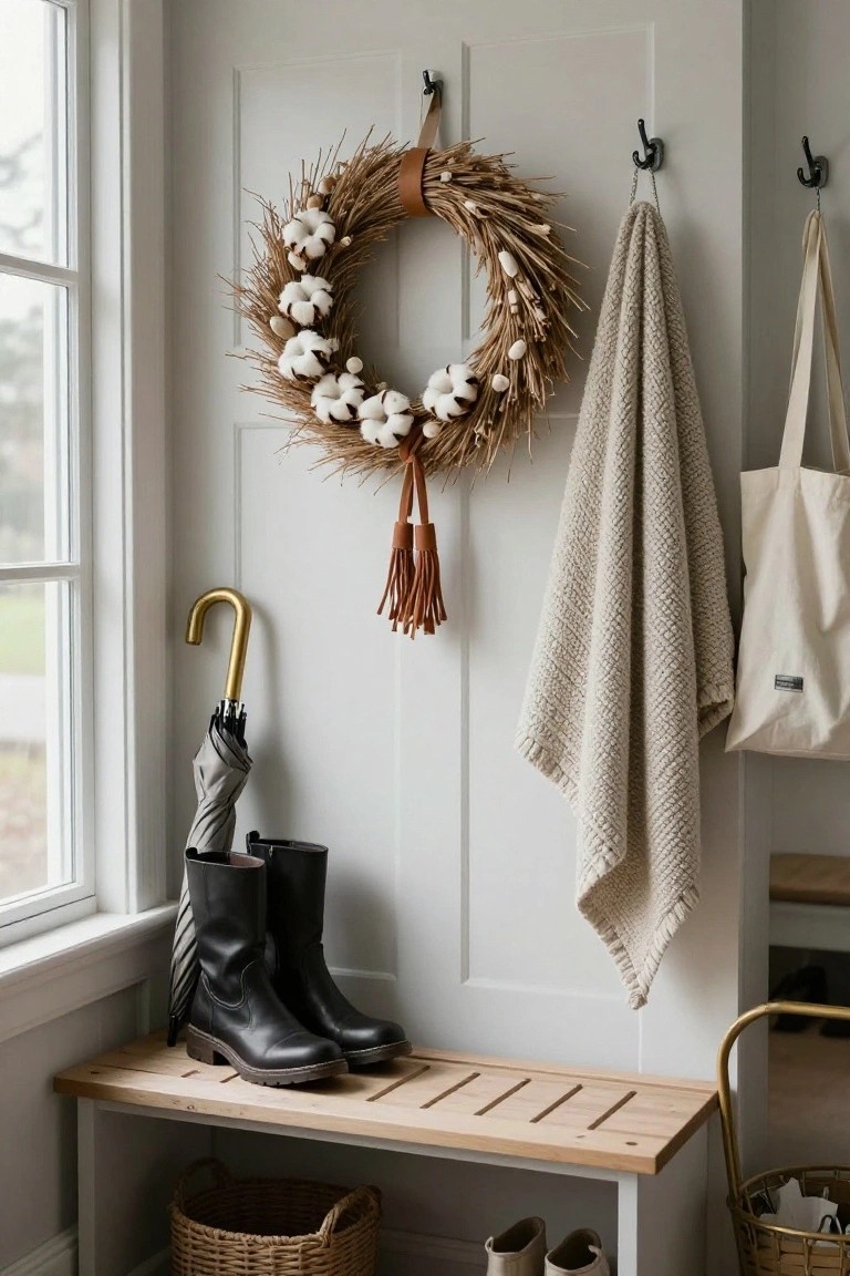 White paneled interior entryway door with a large circular wreath of wheat stalks and white cotton bolls hanging centered, black boots and gray umbrella on wooden bench below, beige towel and white tote bag on wall hooks to the right, window and baskets visible.