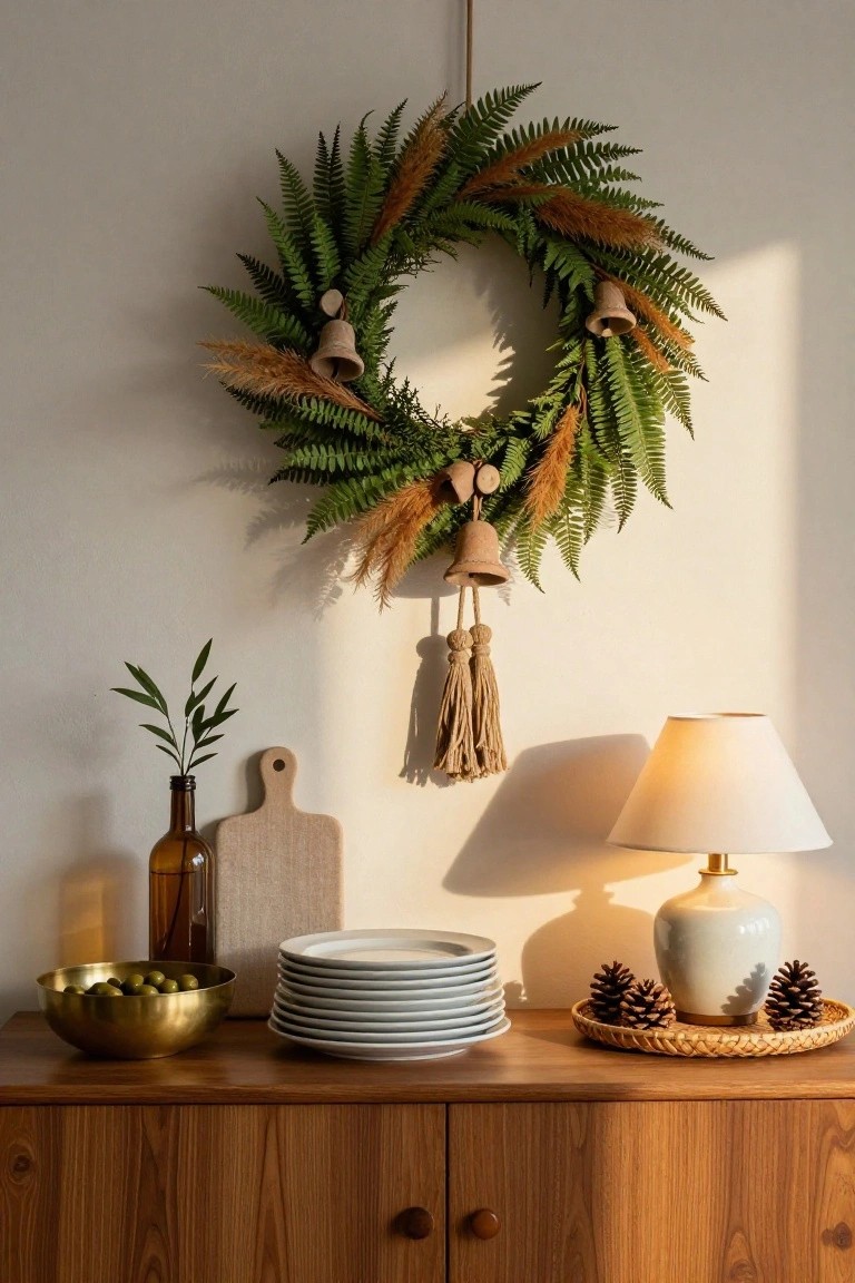 A circular Christmas wreath of green ferns, pampas grass, and small tan bells with tassels hangs on a white wall above a wooden credenza displaying olives in a gold bowl, stacked white plates, a ceramic lamp, and pinecones on a rattan tray.