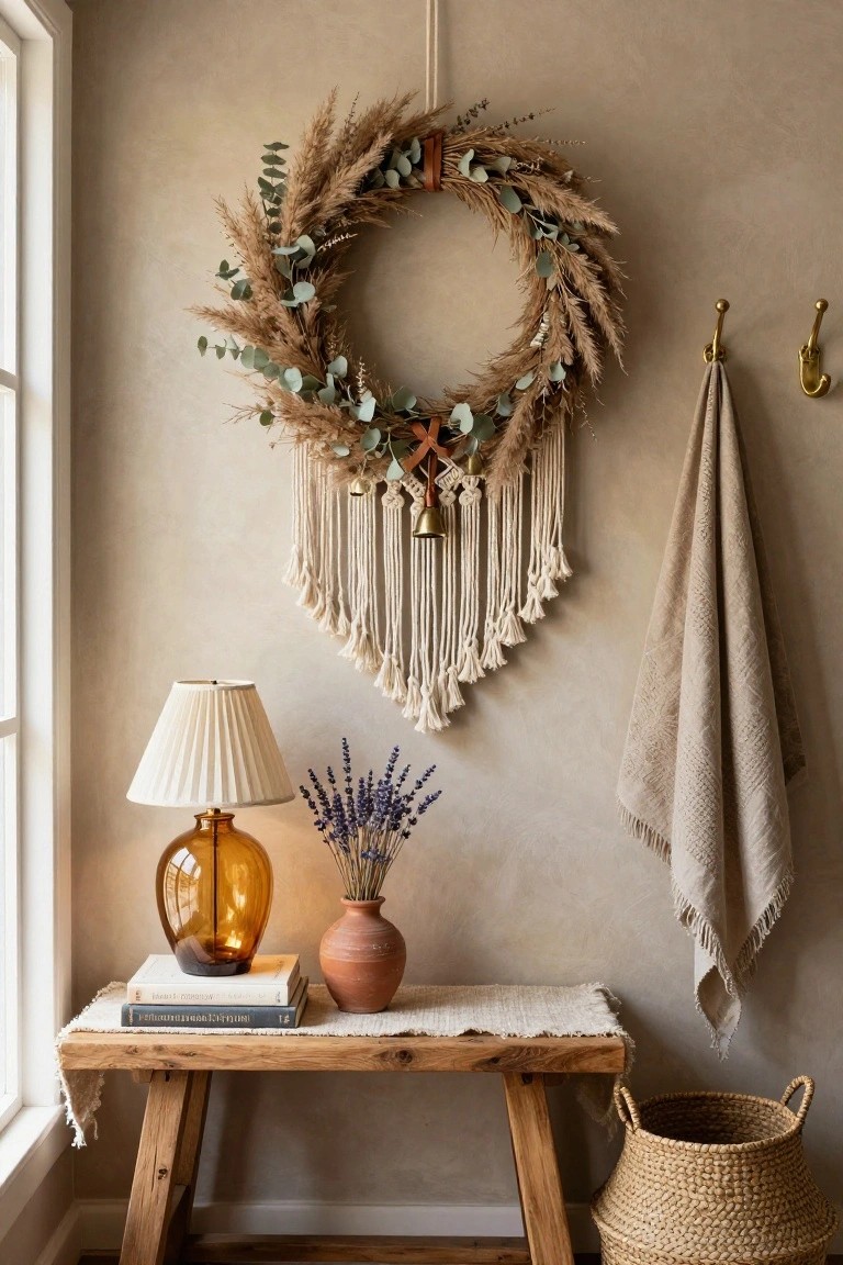 Beige interior corner with large circular wreath of pampas grass and eucalyptus on textured wall, macrame hanger with bells, wooden bench holding amber glass lamp, books, terracotta pot with lavender stems, linen towel draped on brass hooks, and tall wicker basket on floor.