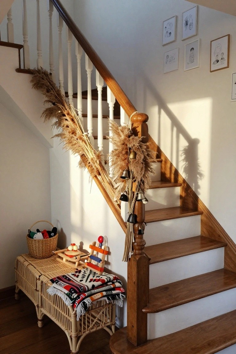 Wooden staircase with white spindles and brown treads, decorated by draped pampas grass garlands with hanging brass bells, a rattan bench at the base holding toys, basket, and woven blankets, and simple black line drawing frames on the white wall.
