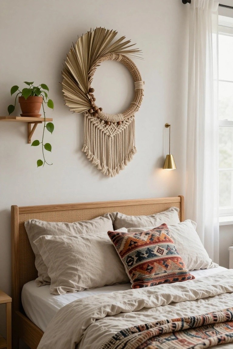 White bedroom wall with large circular dried palm frond wreath, macrame hanging, potted trailing plant on wooden shelf, brass wall light, oak bed frame with white linen bedding and patterned pillows.