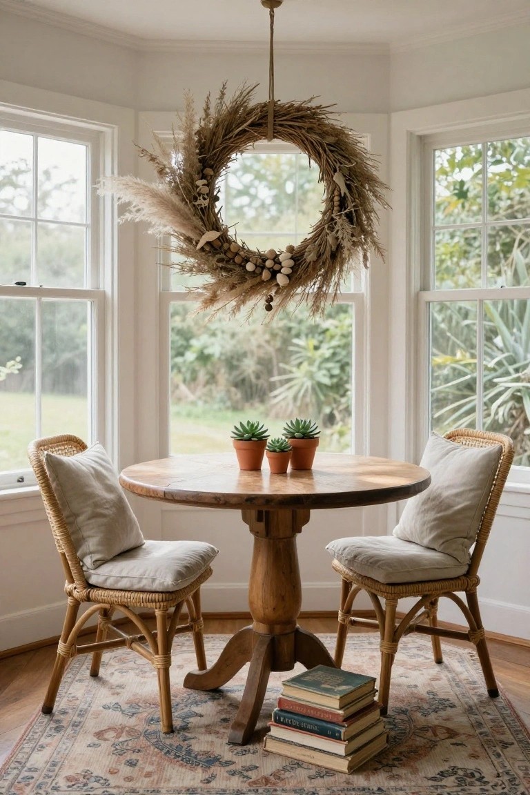 A large wreath of beige pampas grass, dried elements, and nuts hangs from the ceiling above a round wooden pedestal table with two rattan chairs cushioned in beige, two potted succulents on the table, stacked books by one chair leg, in a white bay window room with a patterned rug.