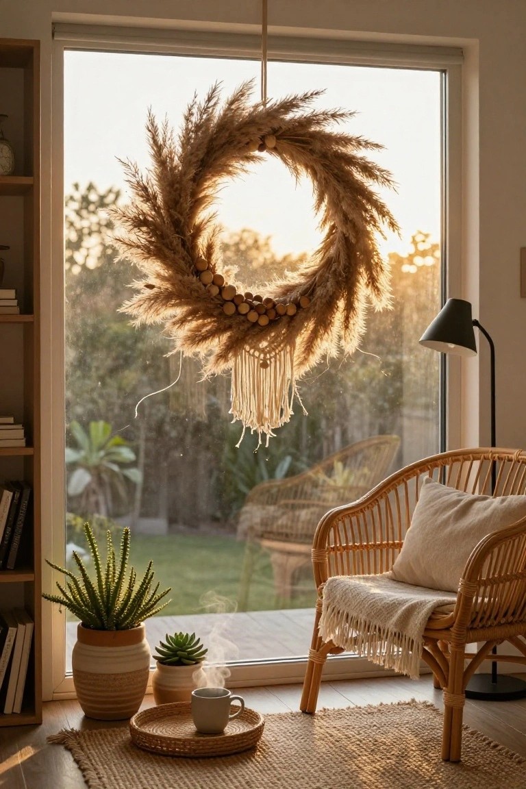 A large tan pampas grass wreath adorned with wooden beads and white macrame fringe hangs from the ceiling in front of a large window in an indoor room with bookshelves, potted plants, a rattan chair with throw blanket, floor lamp, and a tray holding a steaming teacup.