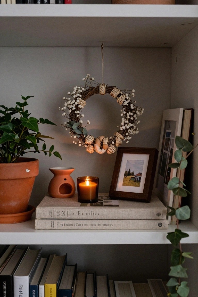 White bookshelf displaying stacked books, a potted ivy plant in terracotta pot, terracotta oil burner, lit brown glass candle, small framed photo, and eucalyptus branches, with a hanging wreath of twisted rope, shells, and white baby's breath clusters above.