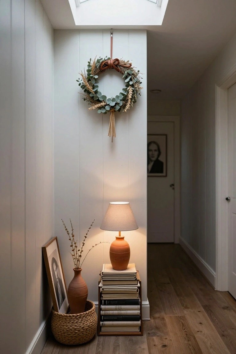 White paneled hallway corner with a circular wreath of eucalyptus, wheat, and dried grass hanging on the wall, a terracotta lamp on stacked books next to a leaning framed photo and potted vase in a wicker basket on wood floors.