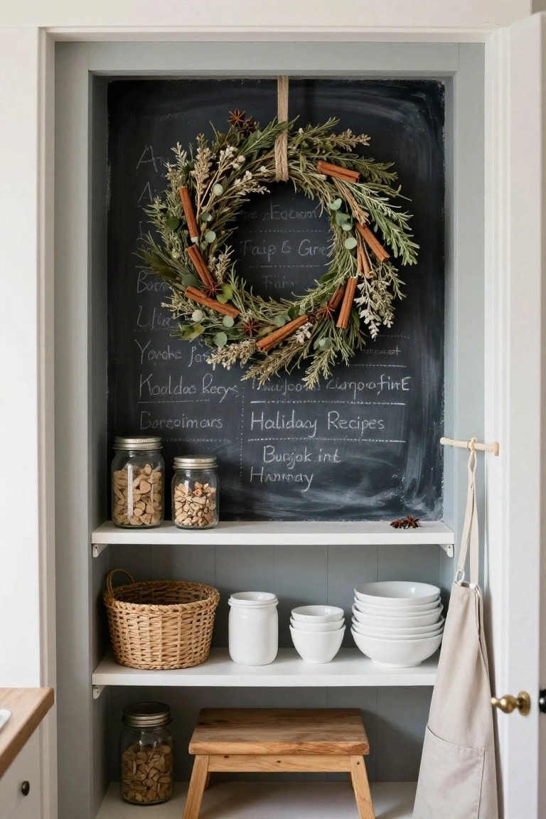 Open gray-trimmed white pantry door with black chalkboard inside displaying handwritten holiday recipes and names, topped by a natural wreath of greenery, cinnamon sticks, and star anise, flanked by shelves holding jars of nuts, white bowls, woven basket, and wooden step stool.
