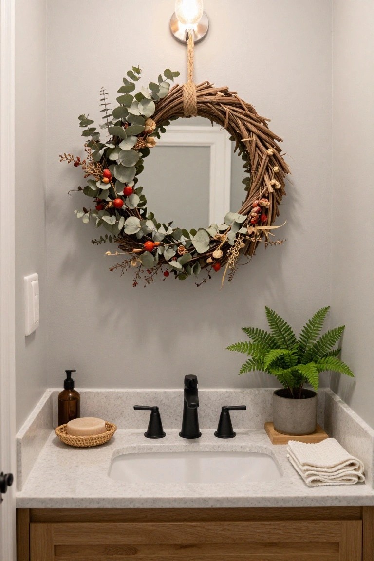 Powder room with white walls, round mirror framed by a wreath of eucalyptus leaves, red berries, dried twigs and rope hanger, black faucet on white quartz sink vanity, soap dispenser, fern plant, and folded towels.