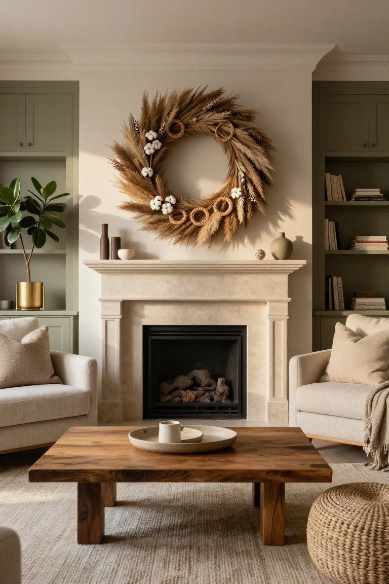 A large circular wreath of pampas grass stems and white cotton bolls hangs on a white wall above a beige stone fireplace mantel in a living room with green cabinets, neutral sofas, wooden coffee table, and potted plants.