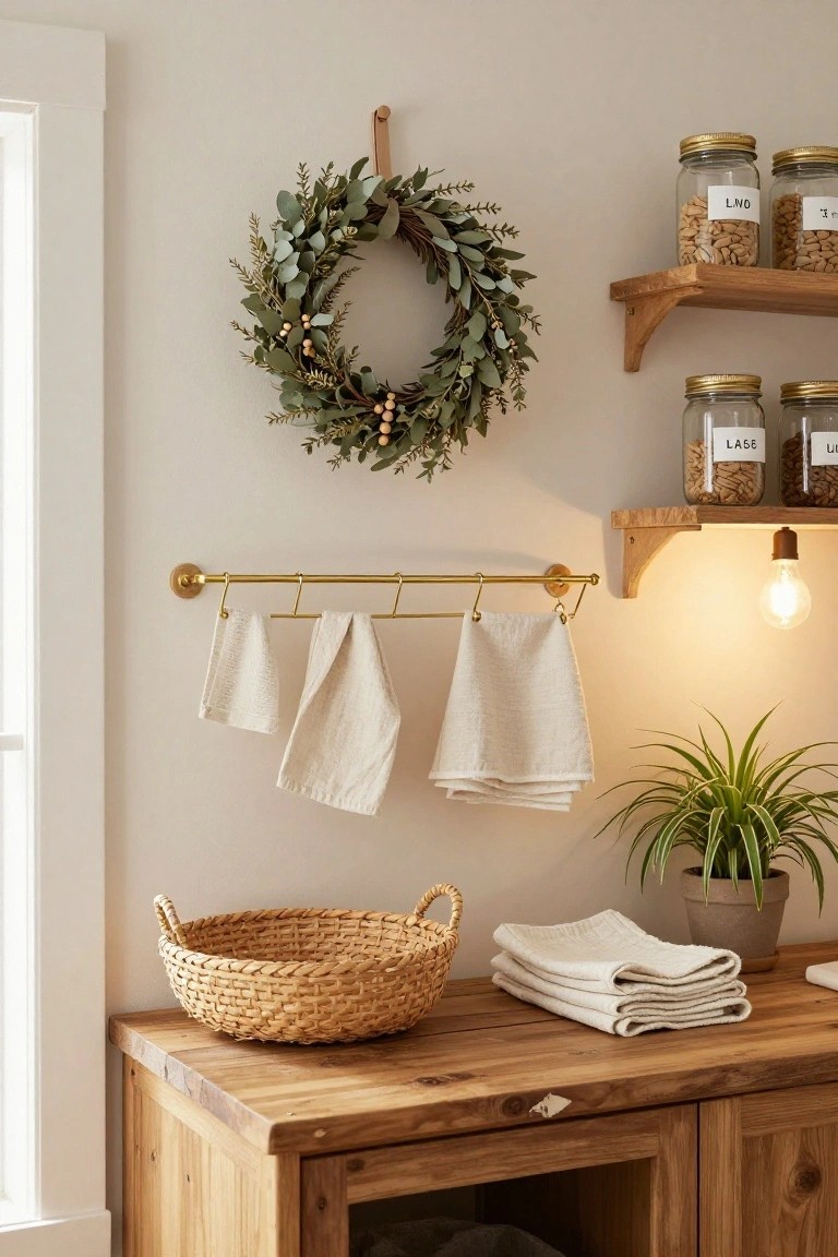 Kitchen corner featuring a eucalyptus wreath on the wall above a gold towel rail with white linen towels, wooden shelves holding glass jars of nuts, a potted spider plant, woven basket, and wooden cabinet base.