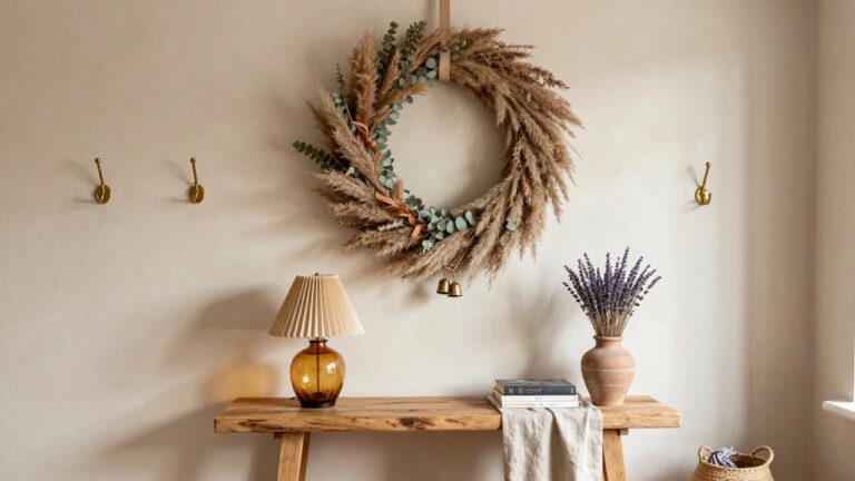 18 Boho Christmas Wreath Ideas for Free-Spirited Holiday Decor Beige interior corner with large circular wreath of pampas grass and eucalyptus on textured wall, macrame hanger with bells, wooden bench holding amber glass lamp, books, terracotta pot with lavender stems, linen towel draped on brass hooks, and tall wicker basket on floor.