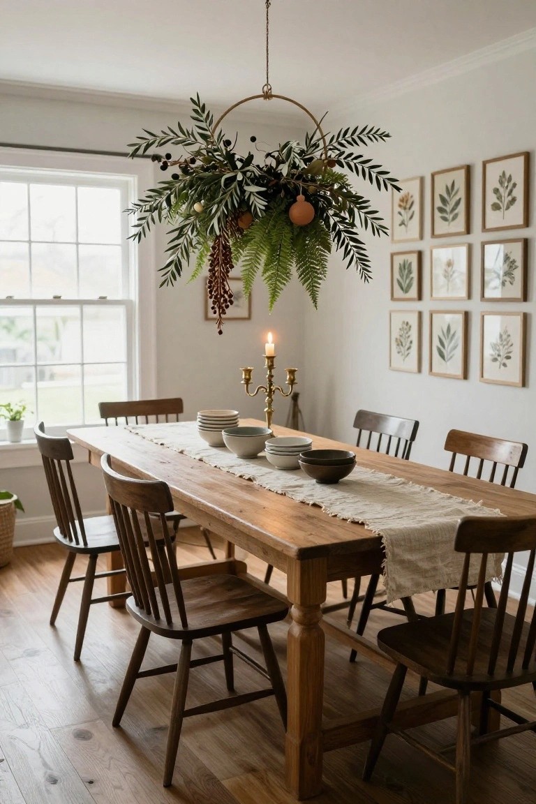 Dining room featuring a wooden table with white linen runner, ceramic bowls, and brass candelabra under a large hanging wreath of greenery, ferns, berries, and dried oranges on a gold hoop, with botanical art on walls and wooden chairs.