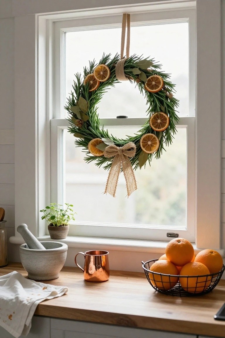 Rosemary wreath with dried orange slices, bay leaves, and twine bow hanging from a white kitchen window above a wooden countertop holding a basket of oranges, mortar and pestle, copper mug, and potted herb.