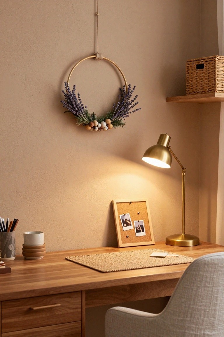 Beige-walled home office with wooden desk, cream chair, gold desk lamp, corkboard photo frame, woven placemat, and gold hoop wreath of lavender, pine, and wooden beads hanging on wall.