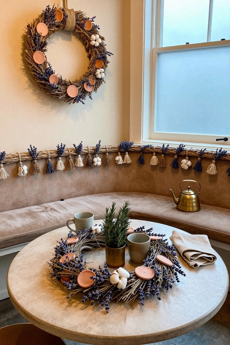 Round beige table in a corner bench seating area with a loose wreath of dried lavender, wheat stalks, terracotta discs, and cotton bolls at the center, accompanied by ceramic mugs, potted rosemary, a brass kettle, and linen napkin, with lavender garlands and wreaths on the walls.