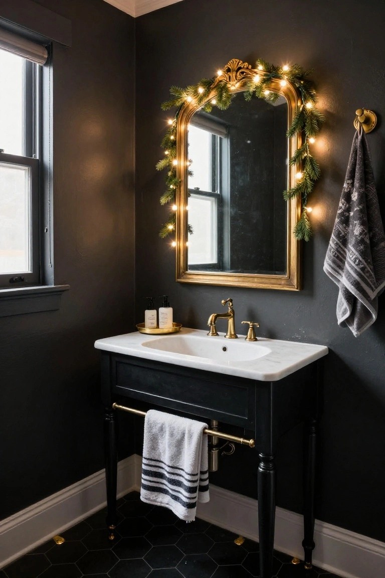Dark-walled bathroom corner with black vanity cabinet, white marble sink top, gold faucet and legs, ornate gold mirror framed by evergreen garland and white fairy lights, hanging towels, and black hexagonal floor tiles.