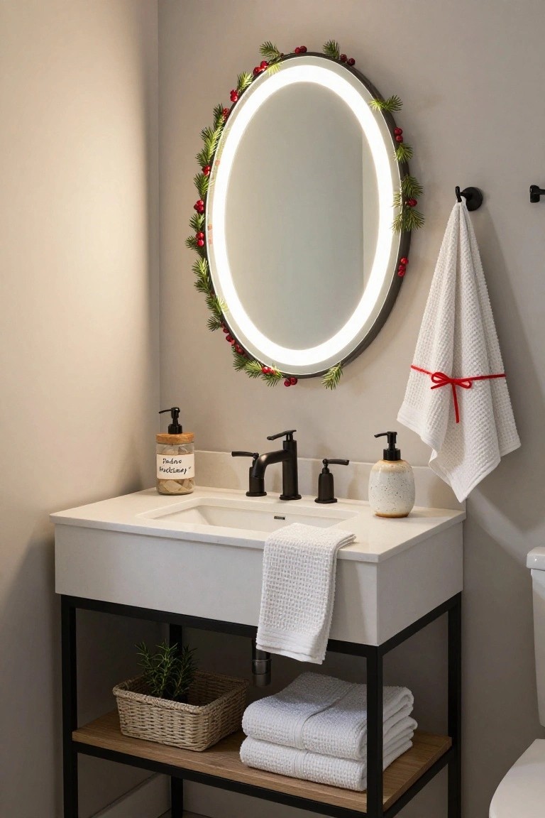A bathroom vanity area with white countertop and sink, black faucet, oval LED mirror framed in Christmas greenery and red berries, white towels with red ribbons hanging on a hook, soap dispensers, and stacked towels on a black metal shelf with potted rosemary.