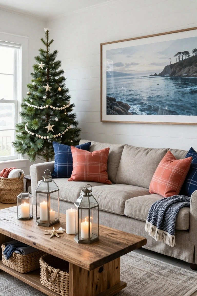 Living room corner with small evergreen Christmas tree decorated with white starfish ornaments, pearl garland, and string lights next to beige linen sofa with plaid pillows, wooden coffee table holding glass lanterns with candles, seagrass baskets, and large framed ocean photo on white shiplap wall.