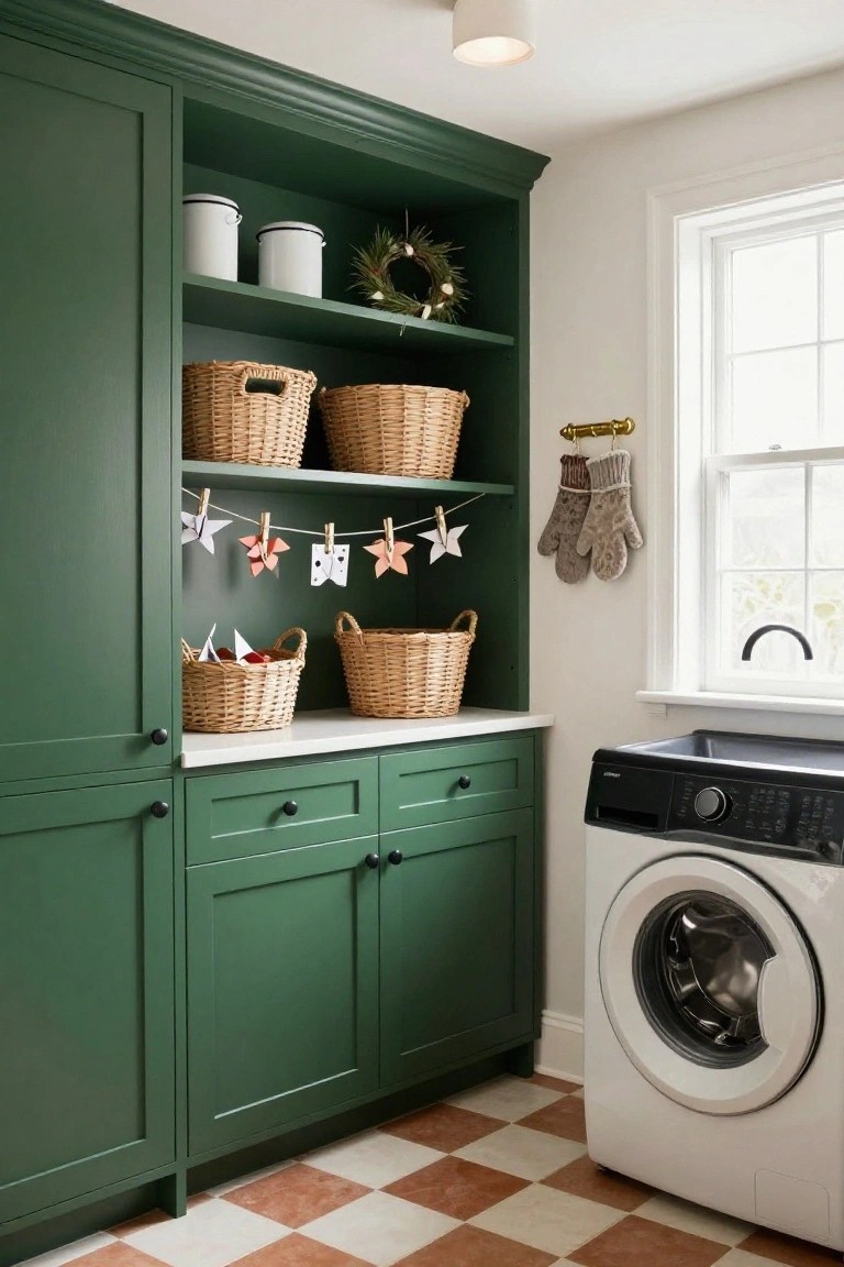 Green cabinetry with woven baskets, laundry machine, and decorative paper stars displayed.