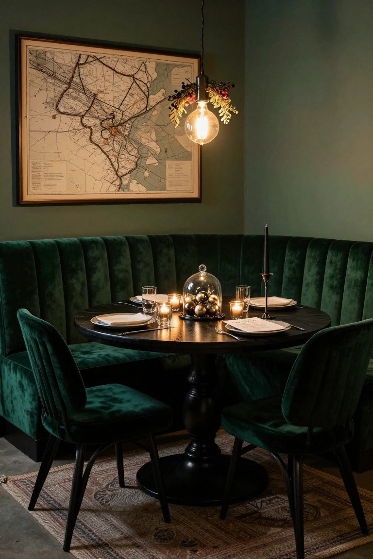 Emerald green velvet tufted banquette in a corner booth with black wood round table set with white plates and glasses, gold Christmas ornaments under a glass dome, berry-wrapped pendant light, candles, and a framed map on the dark green wall.