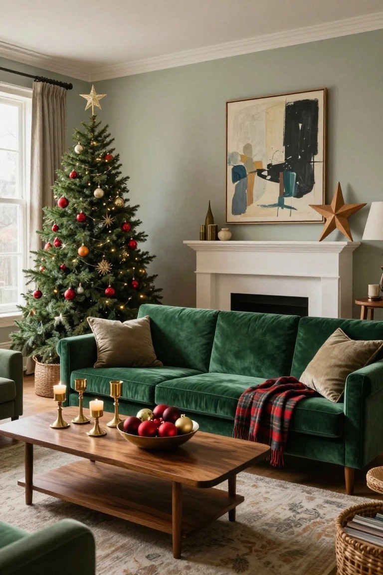 Living room with emerald green velvet L-shaped sofa, Christmas tree decorated with red and gold ornaments near a window, wooden coffee table holding a bowl of apples and brass candlesticks, white fireplace, and sage green walls.